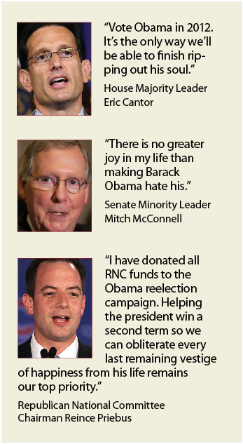 Illustration for article titled New GOP Strategy Involves Reelecting Obama, Making His Life Even More Miserable